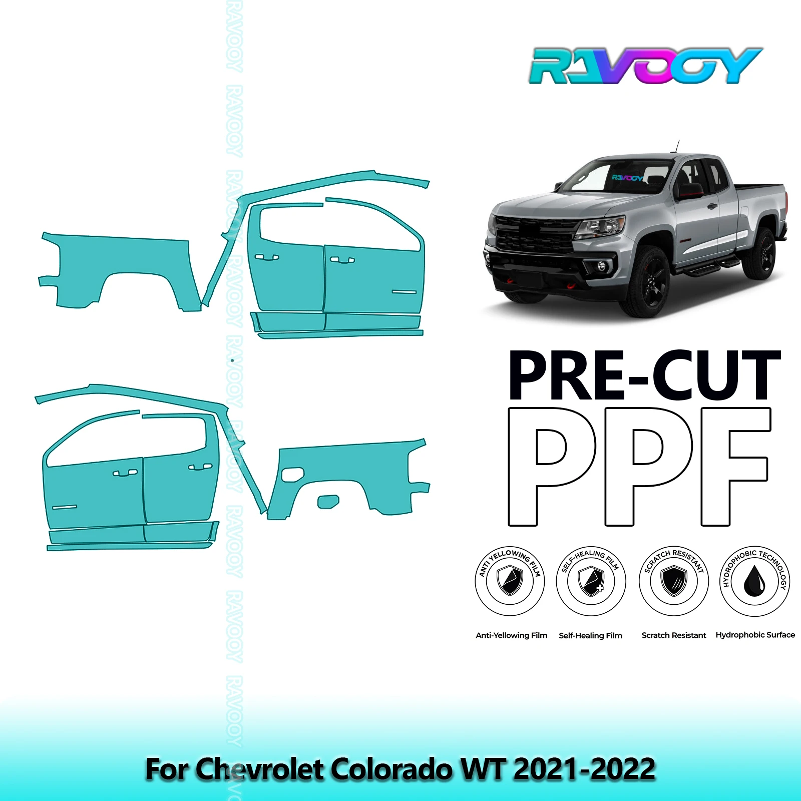 

For Chevrolet Colorado WT 2021-2022 8.5mil Clear Matte Pre-Cut PPF Door & A/B Pillar Kit TPU Paint Protection Film Set