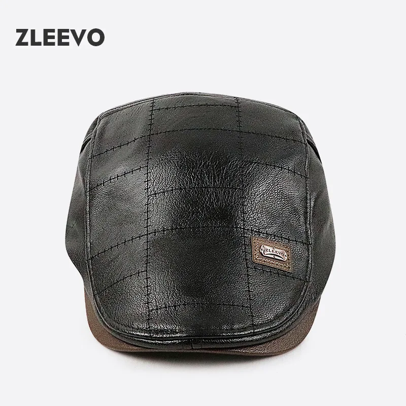 Fashion Brand Peaked Cap Men Classic PU Leather Hat Gents  Velvet Thermal Beret Male Winter Autumn Outdoor Warm Forward Hat