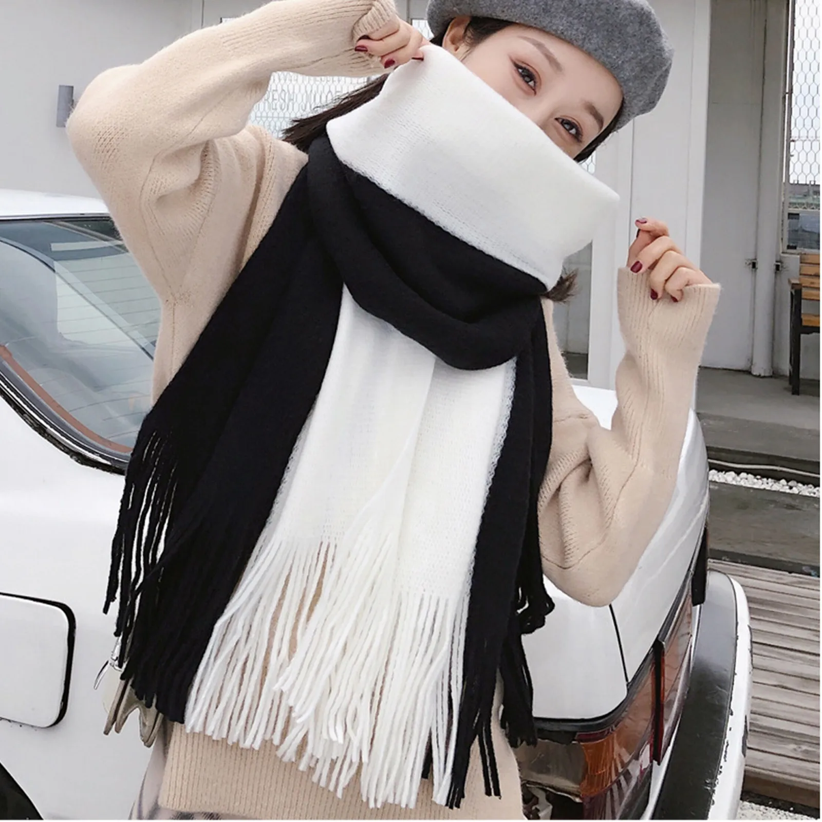 Female Student's Korean Knitted Scarf Thickened Couple's Neck Scarf Wrap 2024 Winter New Style Couple's Two Color Splice Scarf