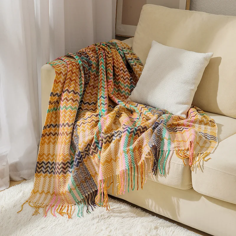 

Ethnic Style Wave Stripe Blankets Single Person Sofa Bed Blanket Spring/Summer Blanket Comfortable Woven Portable Sofa Towel