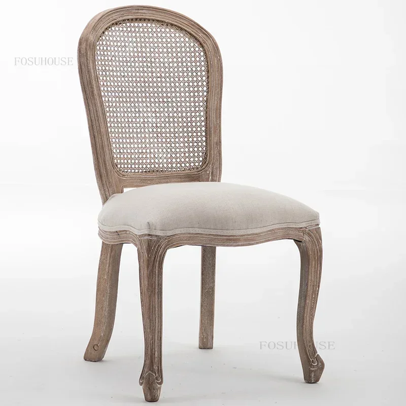 

French Solid Wood Living Room Chairs Home Furniture Retro Study Bedroom Sofa Chairs Luxury Hotel Homestay Rattan Back Armchair