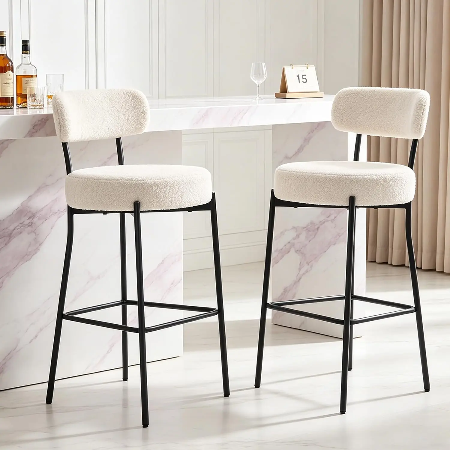 Boucle Bar Stools Set of 2, 27 Inch Counter Height Upholstered Stool with Back for Kitchen Island Pub Cafe, White, Customized