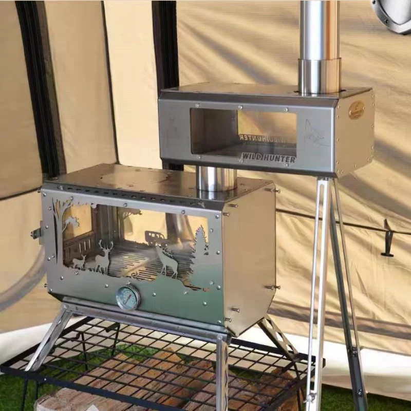 Camping Firewood Stove 2-Side Fire Observation Heating Stove with Chimney Cooking Platform - view 6