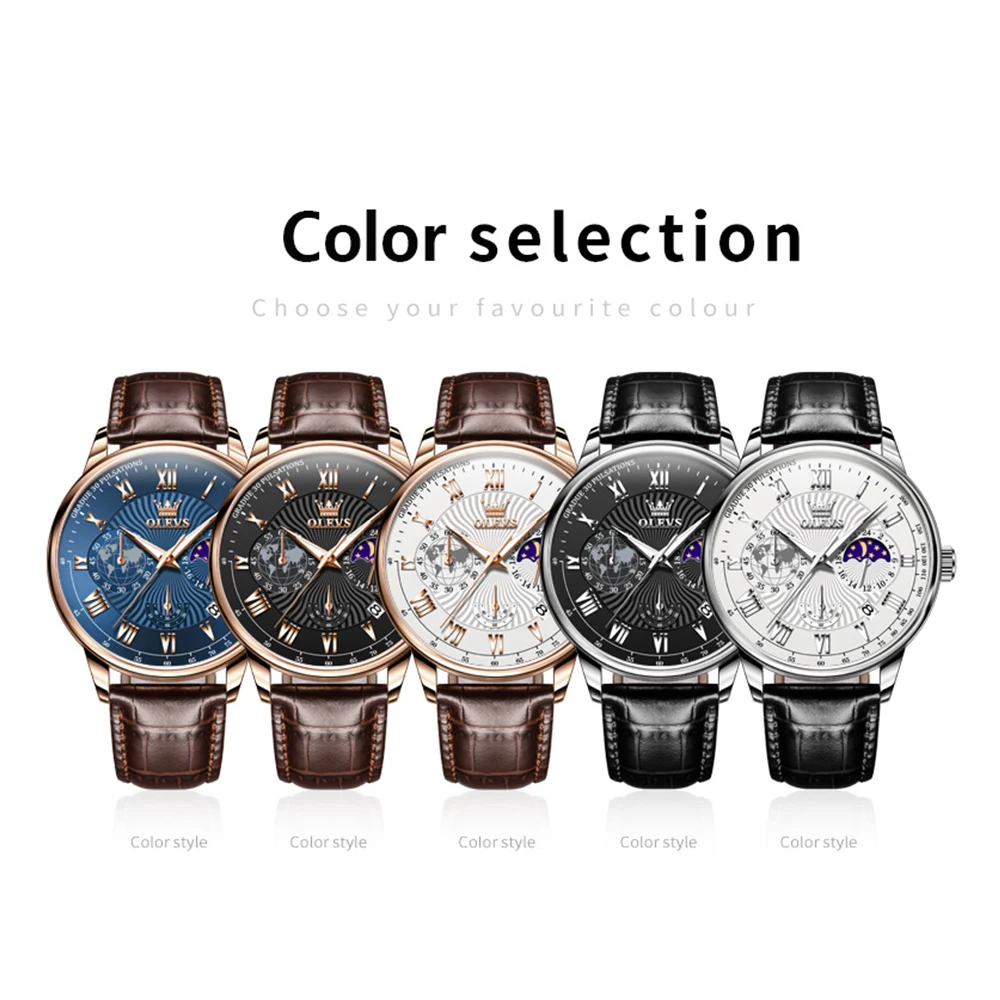 OLEVS orologi al quarzo per uomo cinturino in pelle di lusso calendario quadrante fasi lunari impermeabile luminoso orologio da polso da uomo d'affari di moda