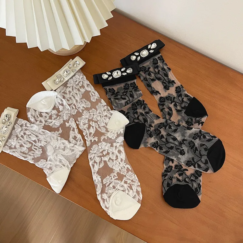 Millennium Y2K Full Diamond Rose Crystal Thin Style Socks Japanese Girls Glass Silk Transparent Summer Pile Socks