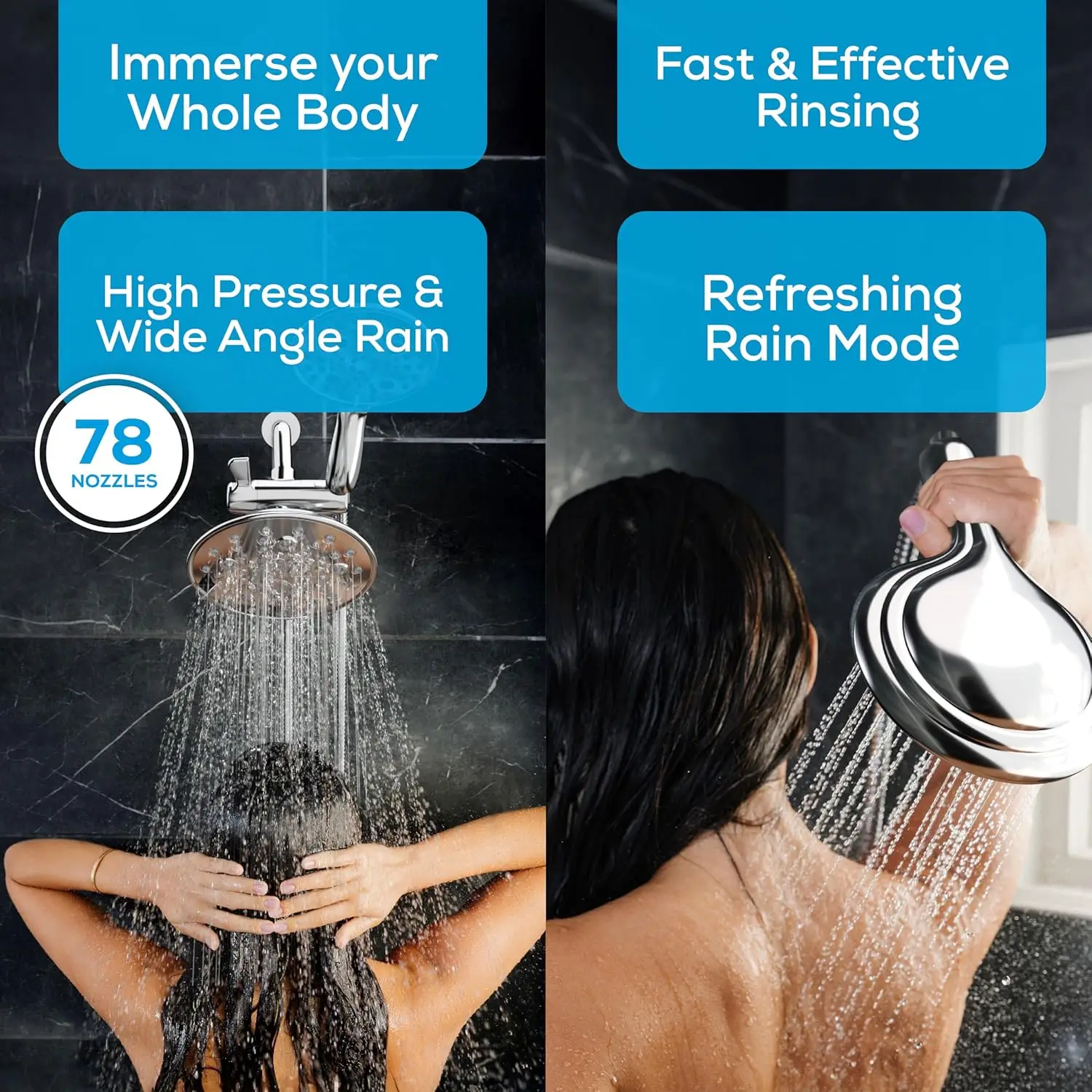 デュアルシャワーヘッドコンボ - 8インチ高圧55モードレインフォール、ハンドヘルドスプレー付き、簡単設置