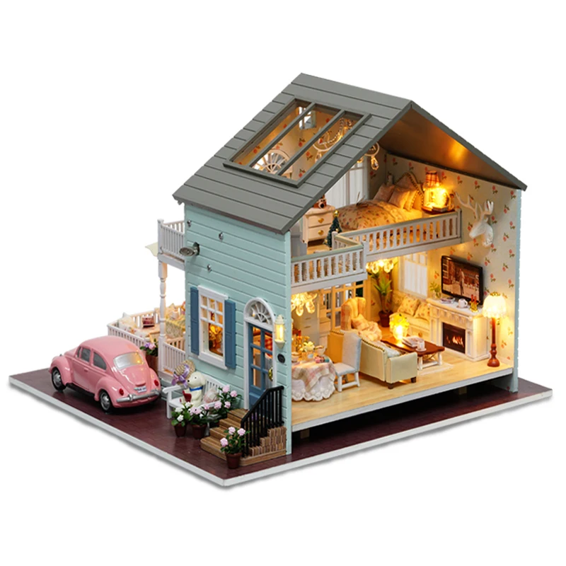 Casa de muñecas de madera con Kit de muebles para niños y niñas, gran Villa en miniatura de Casa de muñecas, juguetes de ensamblaje, regalo de Navidad