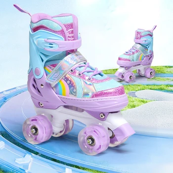 Patins à double noyau clignotant pour enfants, garçons et filles, baskets de patinage en plein air, 4 roues, chaussures de skate, taille réglable 27-38, 2025