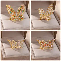 Stainless Steel Butterfly Rings For Women Gold Plated Colorful Zircon Finger Ring Femal Luxury Wedding Jewerly Gift Dropshipping