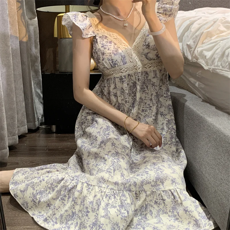 Floral Women Nightgowns Korean Sleepwear with Pad One Piece Pajama Vintage Ruffles Nightdress Lace Nightwear Housewear Homedress