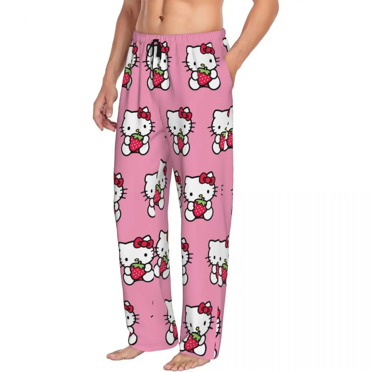 Pantalones de pijama personalizados de Hello Kitty para hombres, ropa de dormir con cordón para dormir, salón de dibujos animados, pantalones con bolsillos