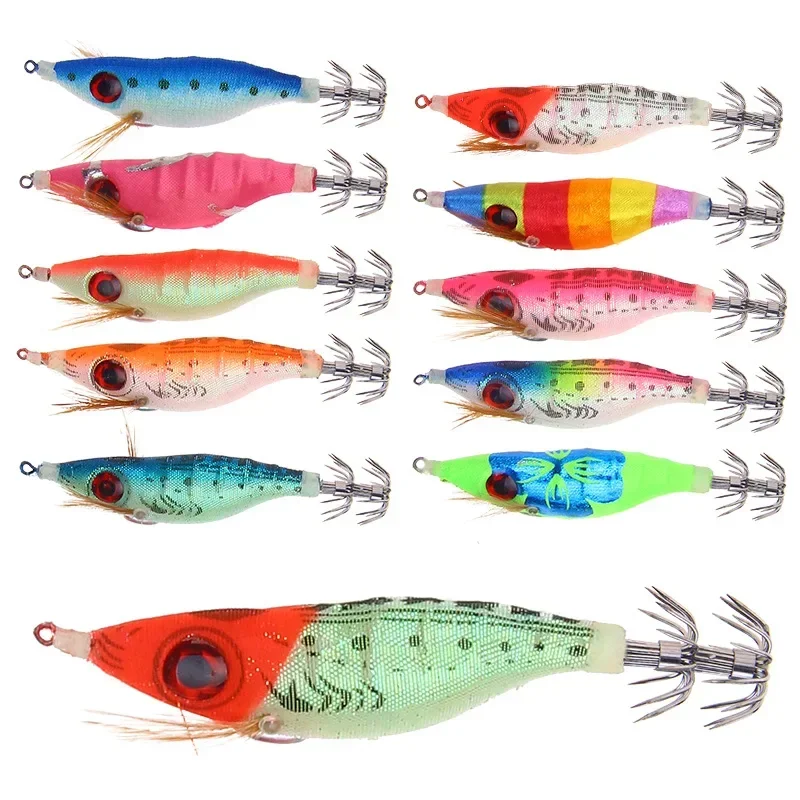 

New Fluorescent Bigeye Wood Shrimp Fishing Lure 9.2g/10cm Cuttlefish Squid Jig Hook Artificial Bait Octopus Luminous Bait