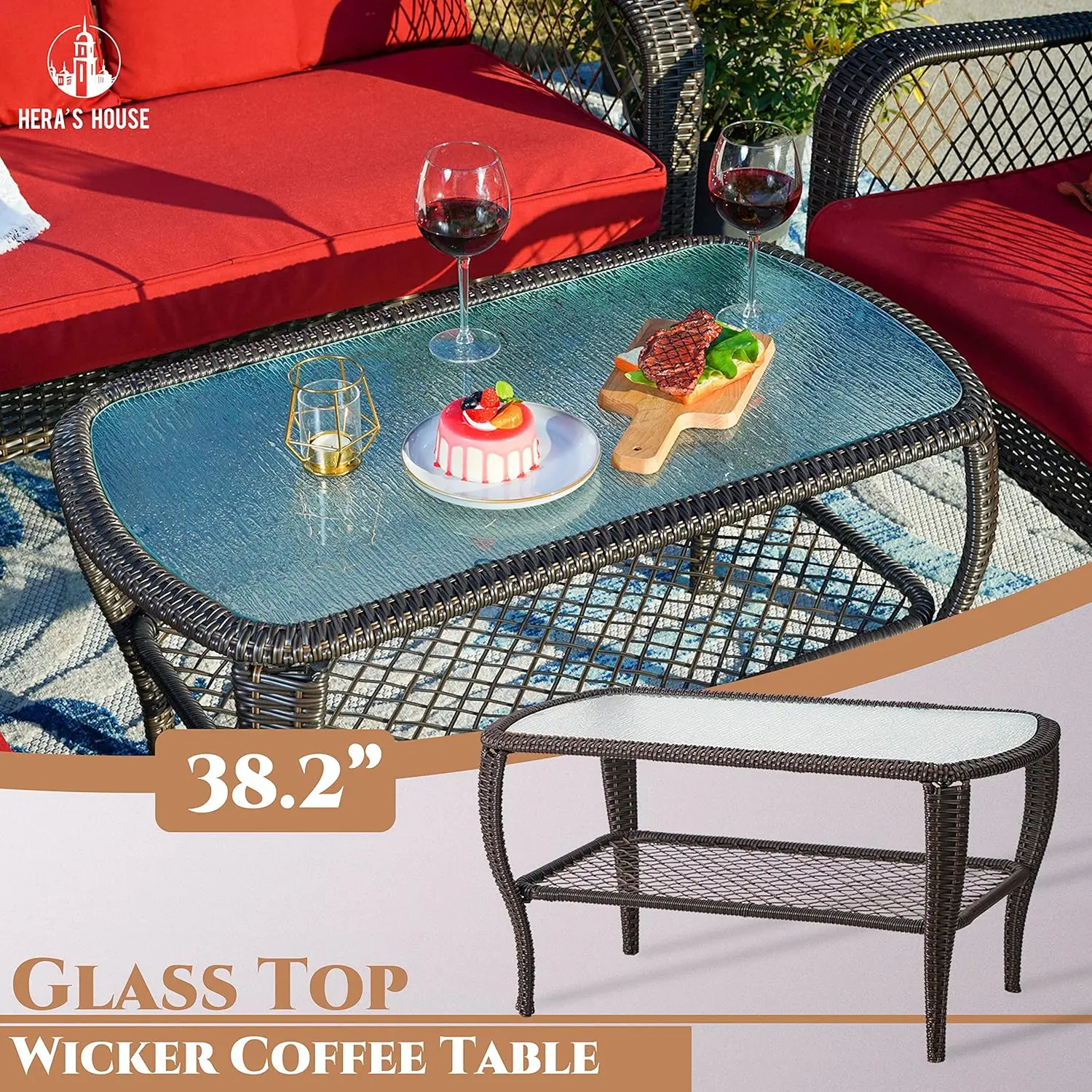 Juego de muebles de mimbre para Patio, 4 sillas individuales, 1 mesa de centro con tapa de cristal de 2 asientos y sofá, todo acolchado para exteriores, 6 piezas