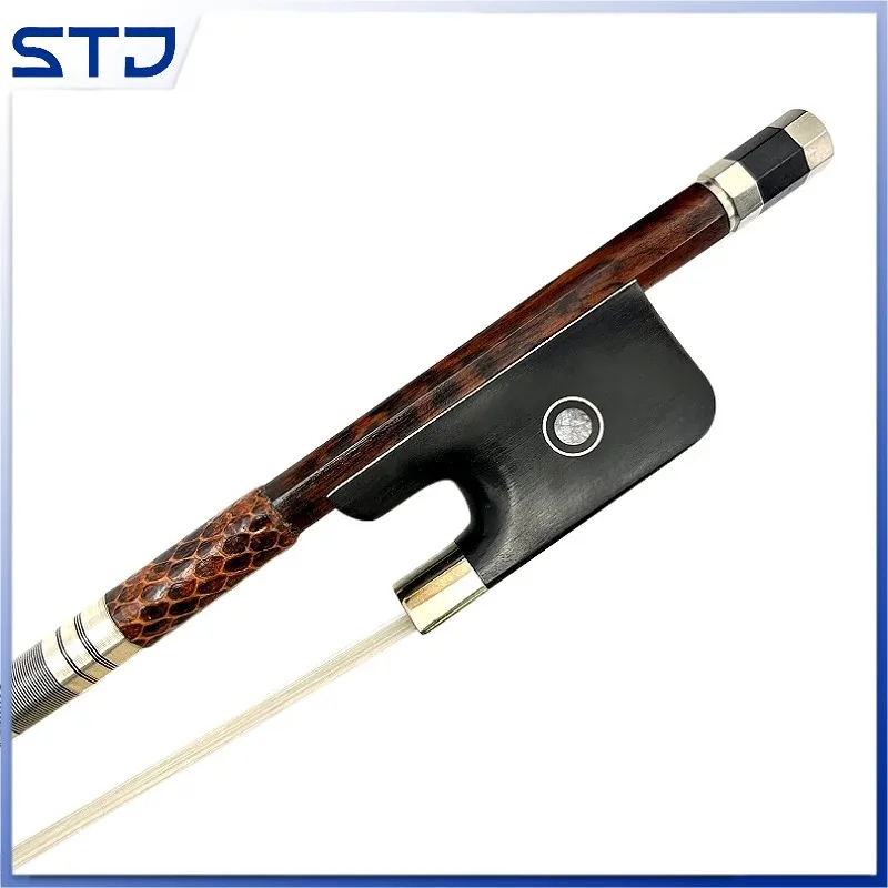 Ebony frog,1pcs French style Snakewood letterwood 3/4 upright bass bow,Copper mounted,Siberia white/black Horsehair horsetail