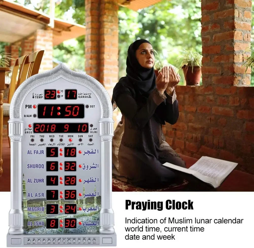 Digital Azan Mosque Prayer Clock Islamic Mosque Azan Calendar Muslim Prayer Wall Clock Alarm Ramadan Home Decor + Remote Control