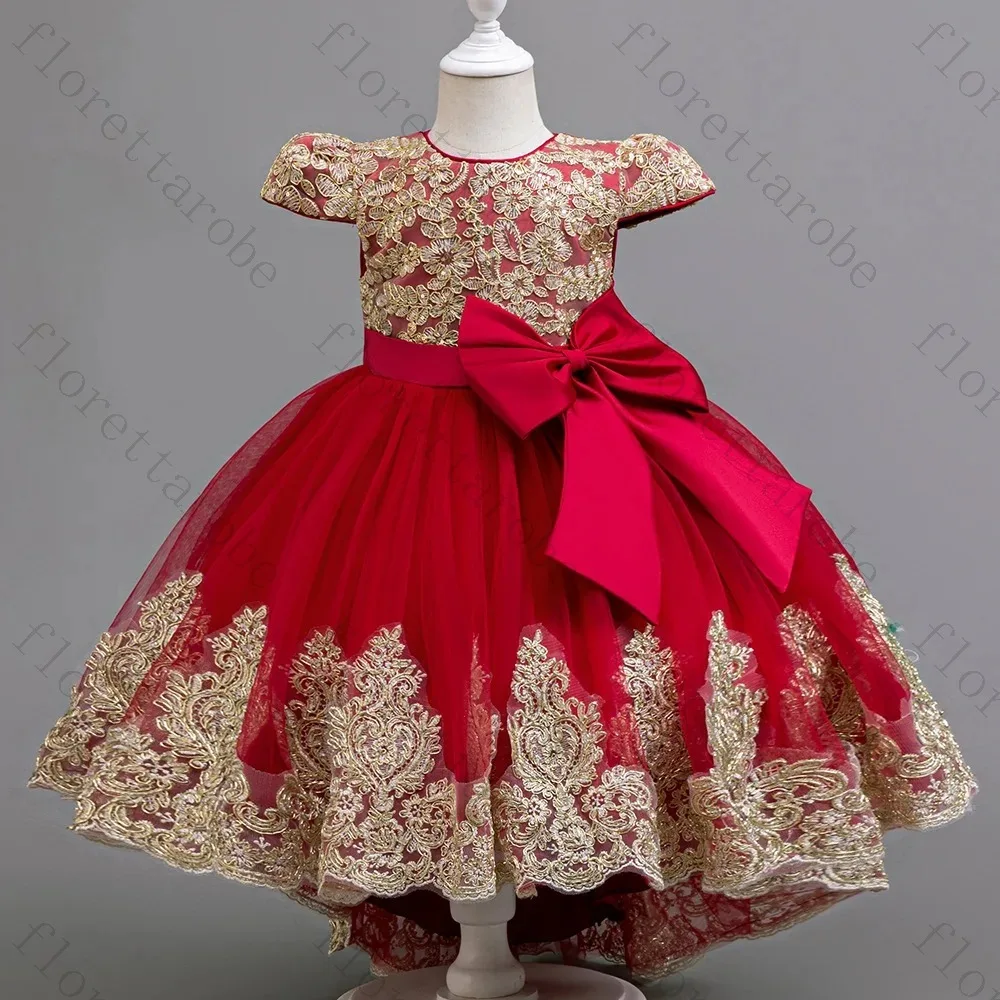 Customized Applique Flower Girl Dress Short Sleeve Big Bow Princess Elegant Tulle Kids Wedding Birthday Graduation Prom Gown