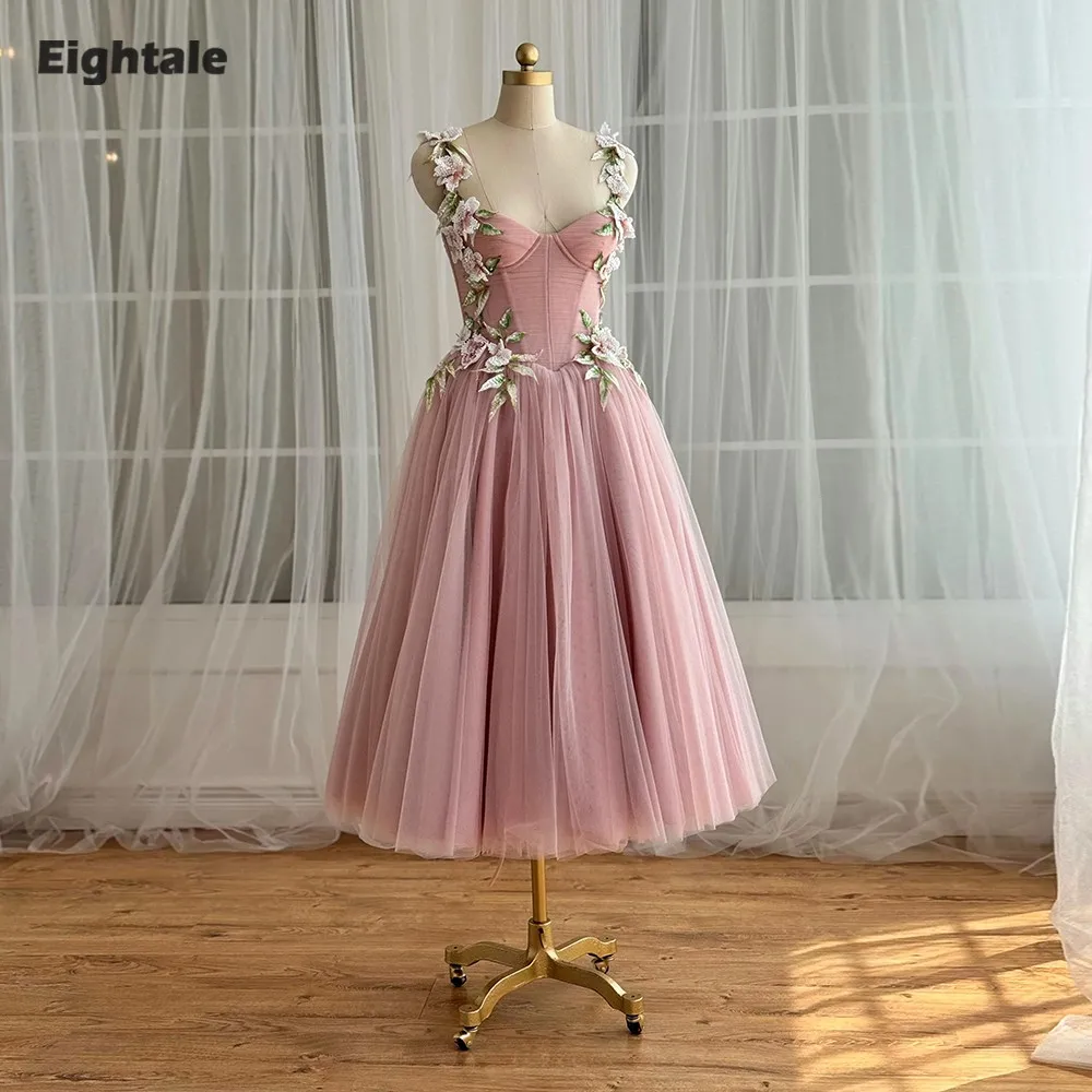 

Eightale New Prom Dresses Tulle Spaghetti Strap 3D Flowers Knee Length Party Gown Customized Graduation Dress Robe De Soirée