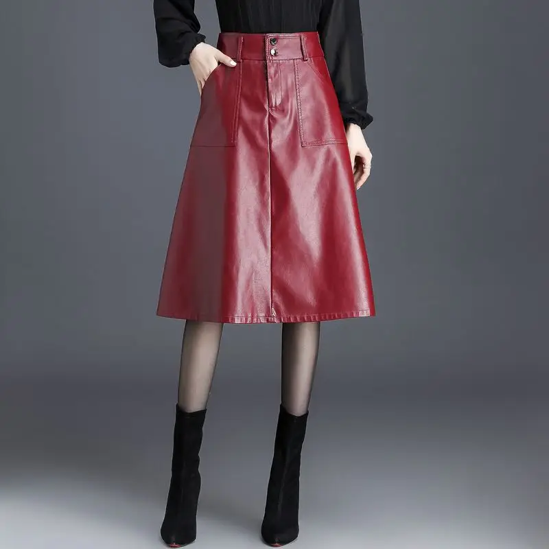 

ZXRYXGS Mid To Long Simple Premium PU Leather Skirt 2025 Spring New Korean High Waist Commuting Fashion Skirt Women's Clothing