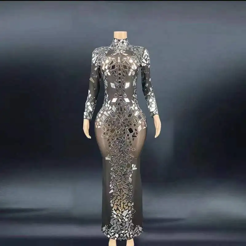 

New Fashion Black Mesh Mirrors Dress Evening Birthday Celebrate Shining Outfit Performance Costume Singer Dance Dress