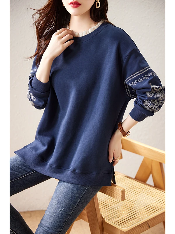 Schweres, besticktes, rundes Ne-Sweatshirt mit Spitze für Damen in Übergröße, lockeres, lässiges, langes Sve-Top für den Herbst 2025,