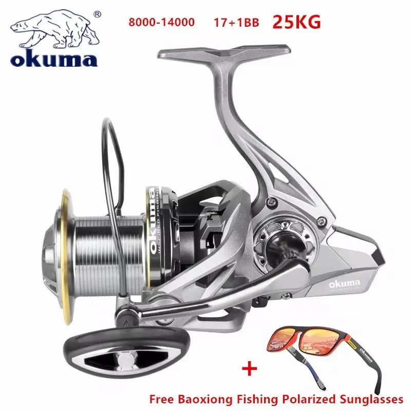 Okuma-carrete de pesca giratorio de objetos grandes, bobina fuerte de 25KG, arrastre de agua dulce y salada, 4,8: 1, copa de alambre de Metal, 8000-14000