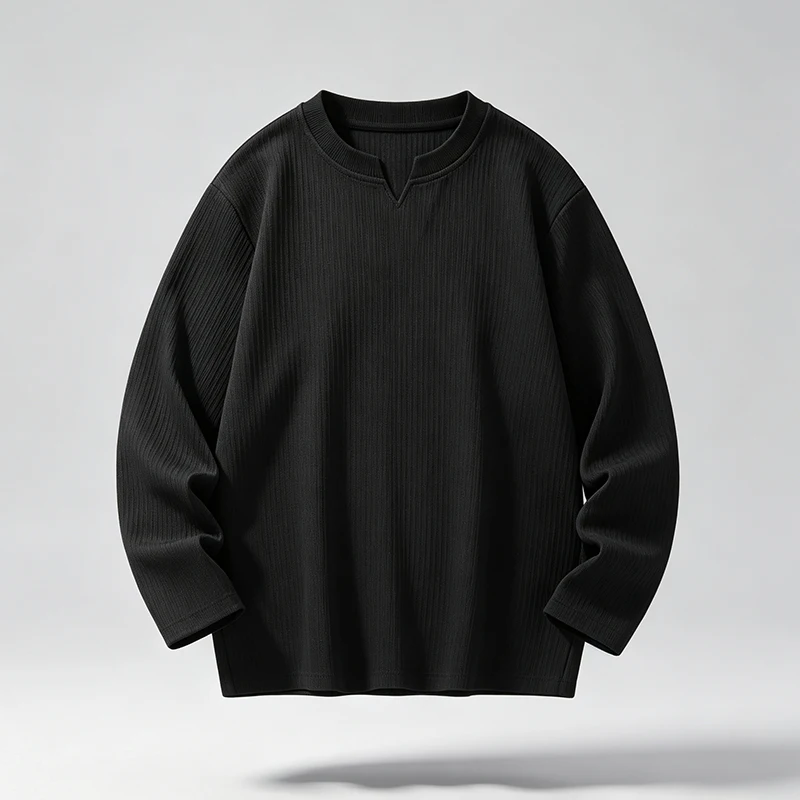 Herren-T-Shirt mit V-Ausschnitt, langen Ärmeln, vertikalen Streifen, geripptem Stoff, lockerer Passform, bequem, lässig, Basic-Oberteil für Herren. – Detail 8