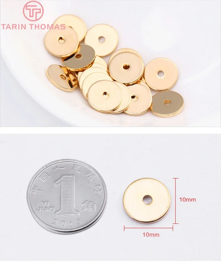 (1292)20PCS 10MM 18K Gold Color Brass with Center Hole Round Disk Spacer Beads Connector High Quality Diy Jewelry Findings