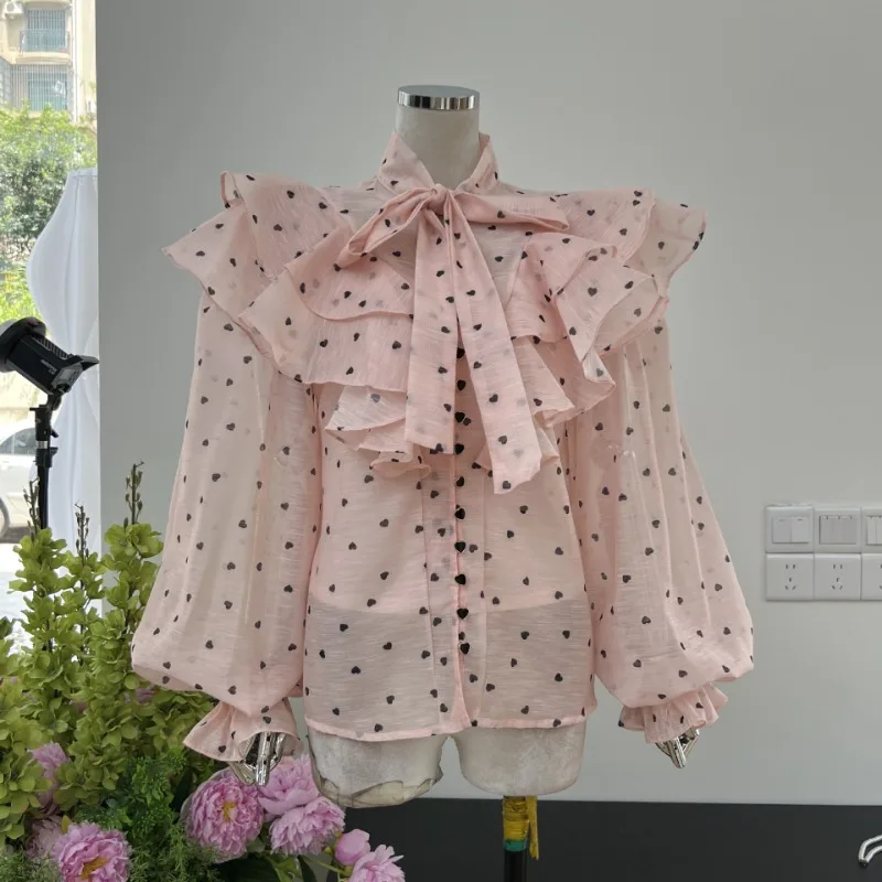 

Elegant Sweet Ruffles Bow Lace Up Long Sleeve Shirt Women+ Summer Y2k High Waist Loose Shorts 2025 New Two Piece Sets