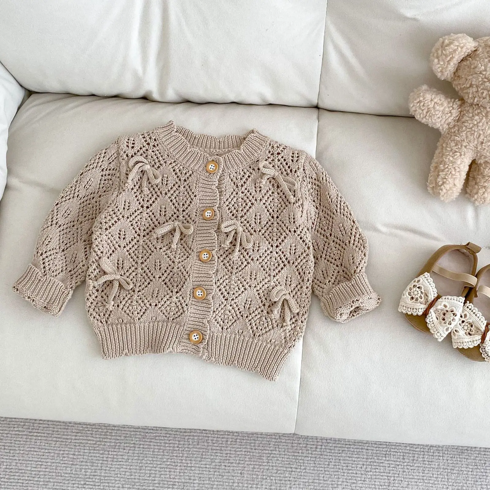 

Baby Girl Clothes Spring Baby Girls Cardigans Coat Long Slevee Baby Knitwear Toddler Hollow Out Cardigans Bow Knitted Jacket
