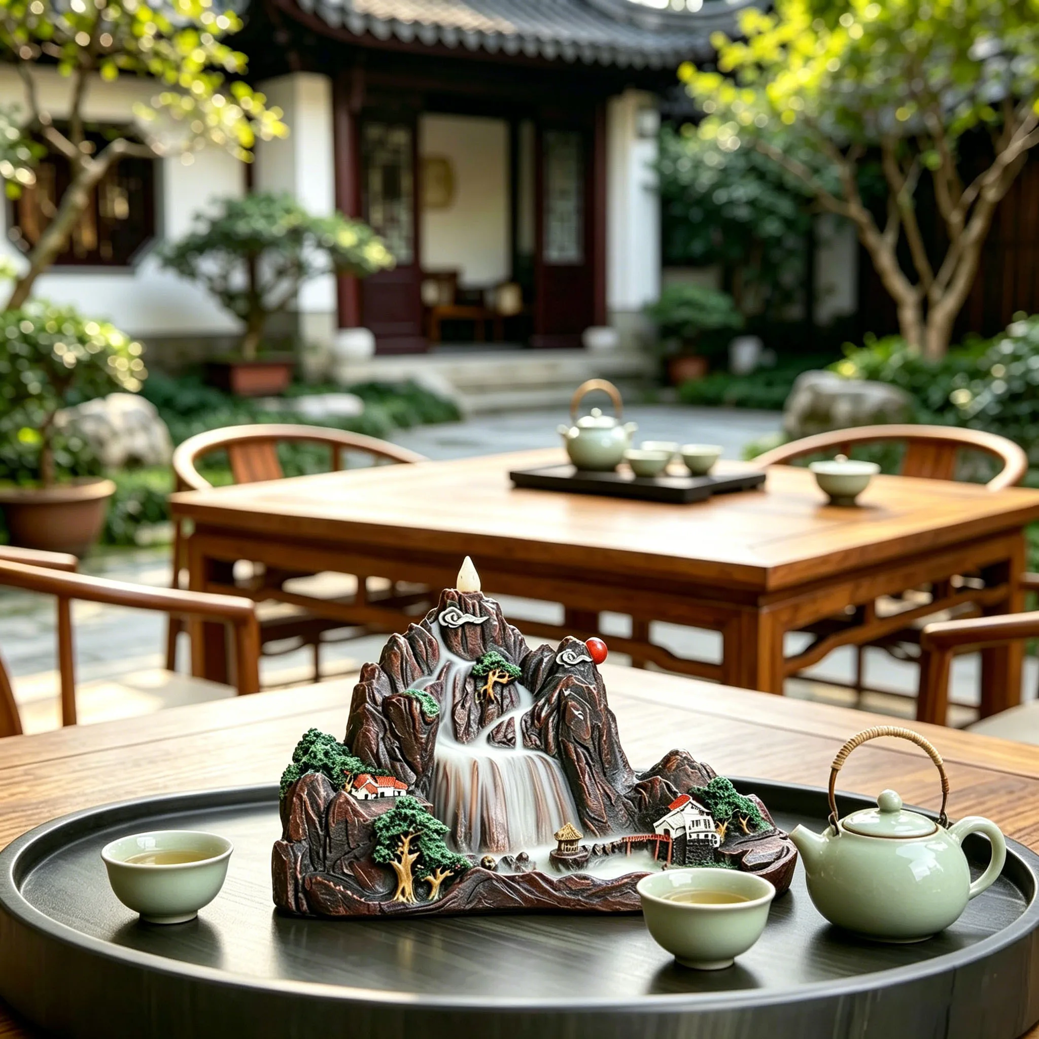 Scenic Landscape Reverse Flow Incense Burner, Creative Mountain and Water Landscape Ornamental Tower Incense Burner, Office Tea Room Tea Table Decoration