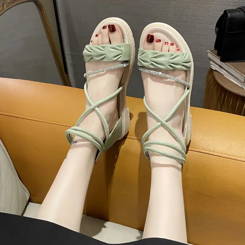 Footwear Zip Sandals for Woman Rhinestones Women\'s Shoes with Low Heels Summer 2024 Roman Style Diamond Green F H Daily Vintage