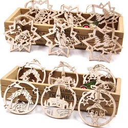 9Pcs Christmas Wooden Pendants Hollowed Bell/Star/Ball Hanging Ornaments Naviada Home Party Tree Decor DIY Painting Noel Gift