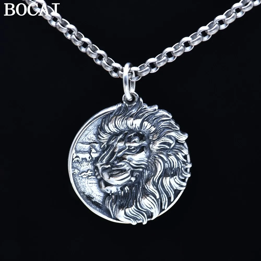 BOCAI New S925 Pure Silver Retro Hip Hop Round Label Lion Head Pendant Men's Featured Gift Counter