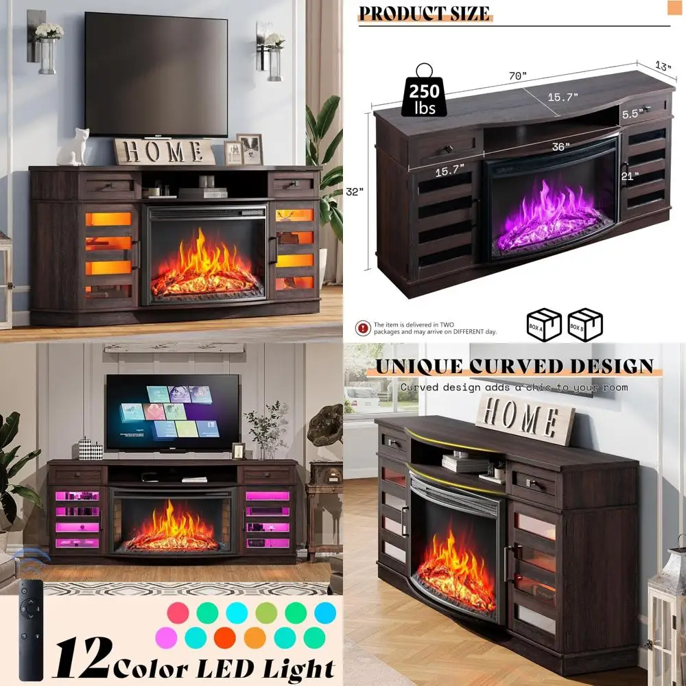 

70-inch Farmhouse Style Electric Fireplace TV Stand with Curved 36 Fireplace, LED Media Console featuring 2 Drawers and Adjustab