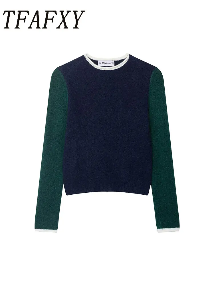 

TFAFXY женский осенний вязаный свитер в стиле пэчворк 2025 года, модный женский свободный трикотаж, пуловер, топ ﻿
