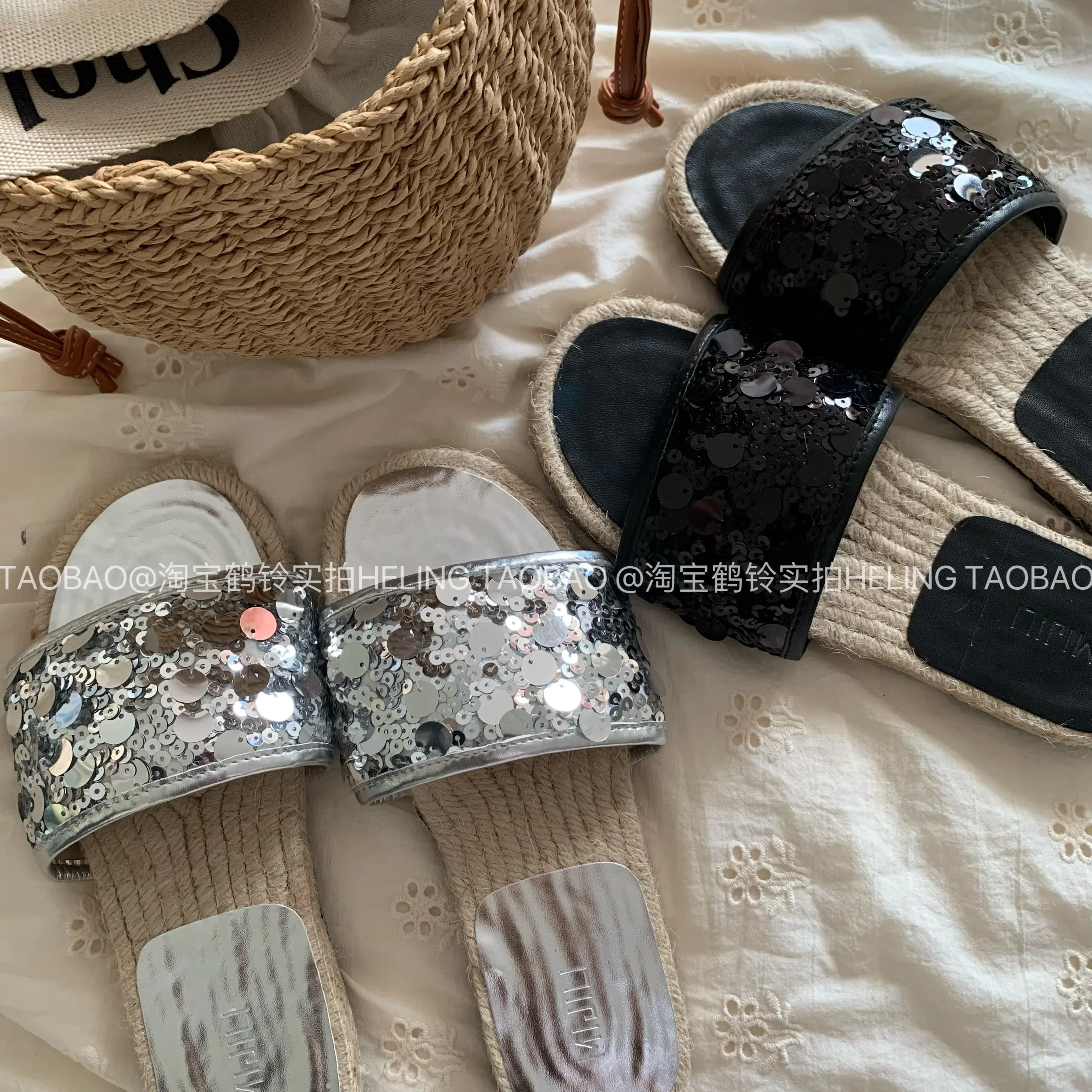 

2025 Summer Flat Sandals New Style Round Head Open Toe Glitter Cloth Braided Soft Sole Anti-slip Wear-resistant Slippers