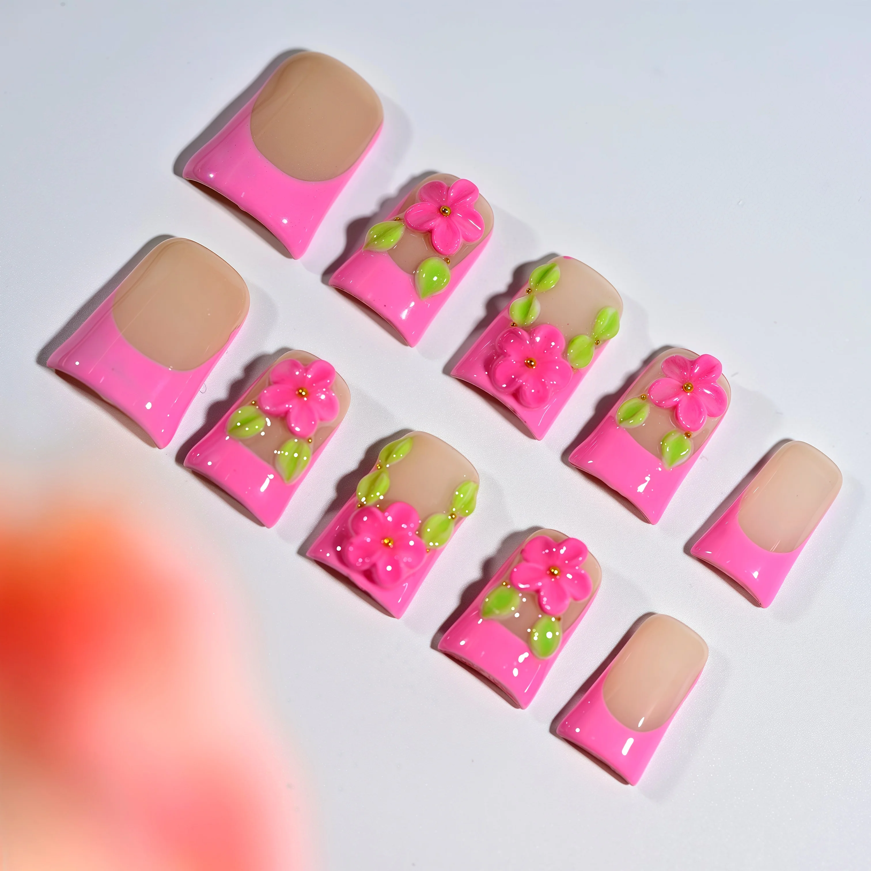 

10-Piece Handmade Reusable Sweet Press-On Nails, Pink French Tips With 3D Floral Designs, Green Leaf Accents & Glossy Finish