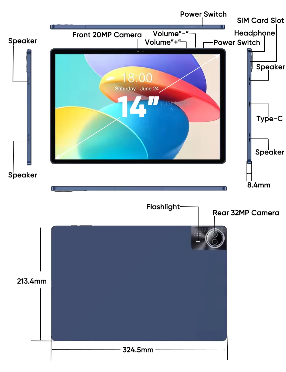 Google Play Support 14 Inch Tablet Pc Android 14 Tablet 16+512GB Phone Call BT 5G WiFi Pad Hebrew/Russian Global Language