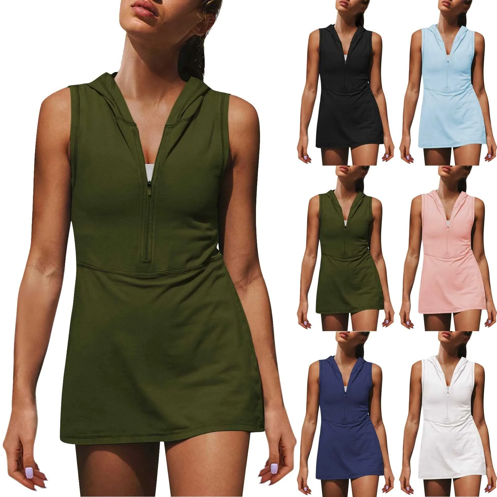 فستان قصير بهودي بنصف سحاب للسيدات ، فساتين رياضية ، فستان ضيق للتنس ، رياضي يومي كاجوال ، أحادي اللون ، كلاسيكي ، موضة