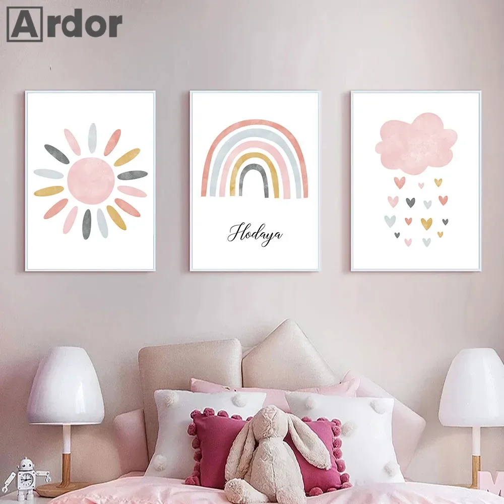 

Custom Name Posters Pink Sun Cloud Canvas Art Painting Rainbow Print Pictures Nursery Poster Nordic Wall Art Girls Room Decor