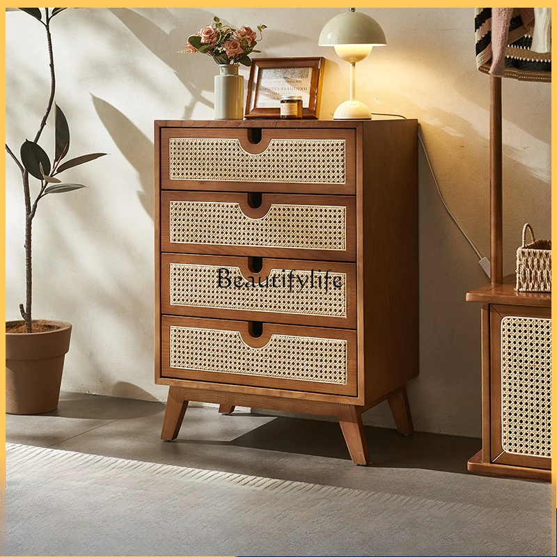 Nordic solid wood rattan four chest cabinet simple modern living room drawer locker