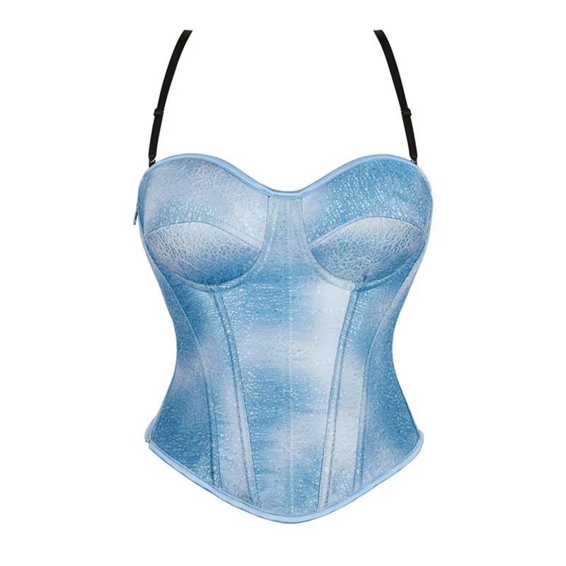 Gradient Blue Shapewear Corset Side Waist Zipper Corset with Strap and Cup Bustier for Women Corsets Tops New