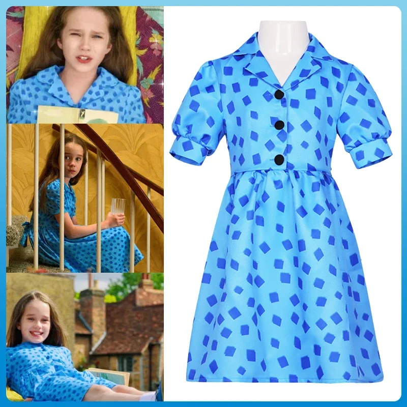 Mastida cosplay Roald dahl's mastida the musical cosplay costume blue print dress Halloween cos costumes for kids girls