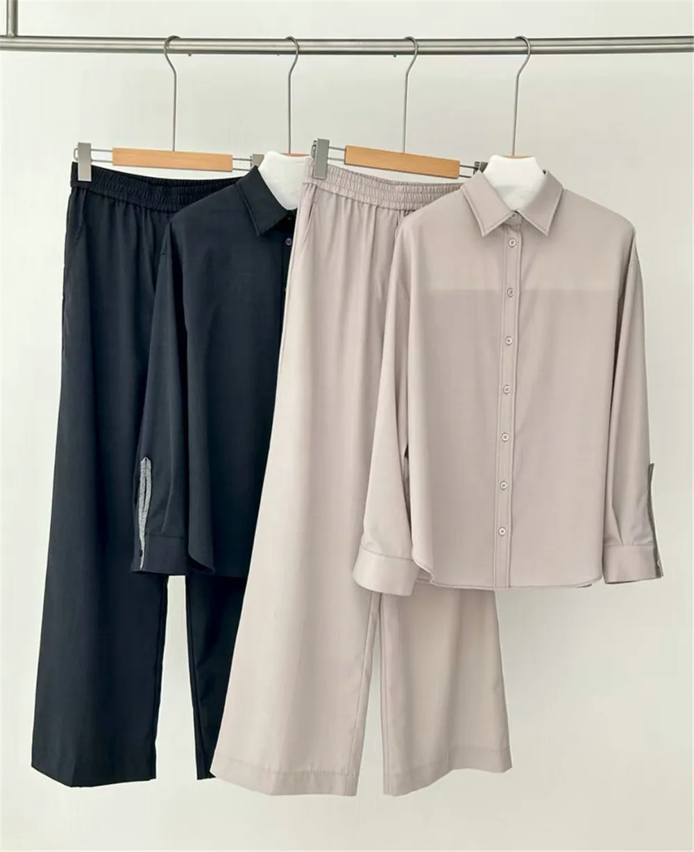 

Женская осенне-зимняя новая стильная рубашка с длинными рукавами и широкими брюками из смеси шерсти с лацканами для тяжелой промышленности + широкие брюки, комплект из двух предметов