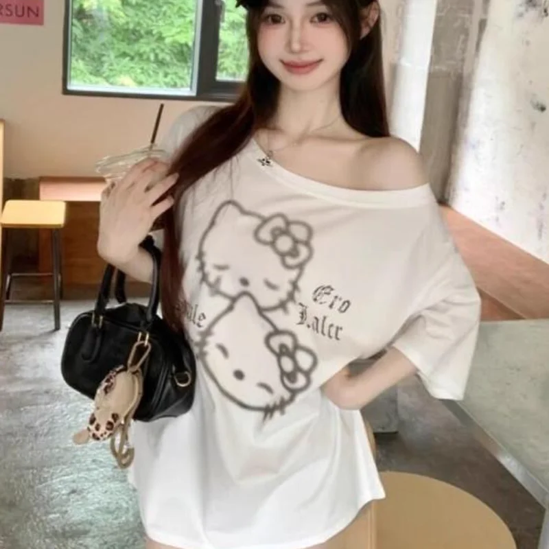 

Женская футболка Sanrio Hello Kitty, топы с короткими рукавами, хлопковая летняя футболка с принтом Lazy Kitty, свободный крой, модный дизайн