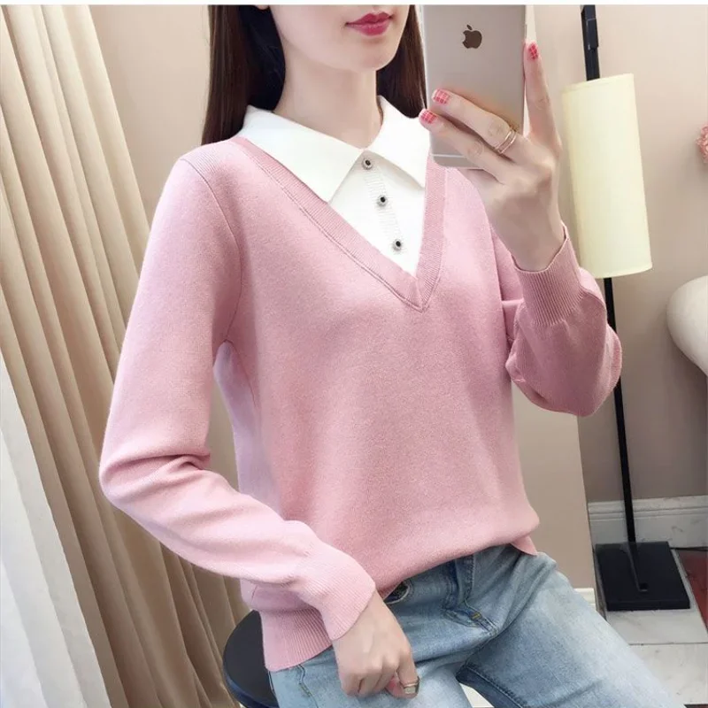 Women's Thin Sweater, Fake Two-piece Set Lapel Lace-up Button Women's Top Knit Sweater, Multi-color Pullover, Women's Dresses