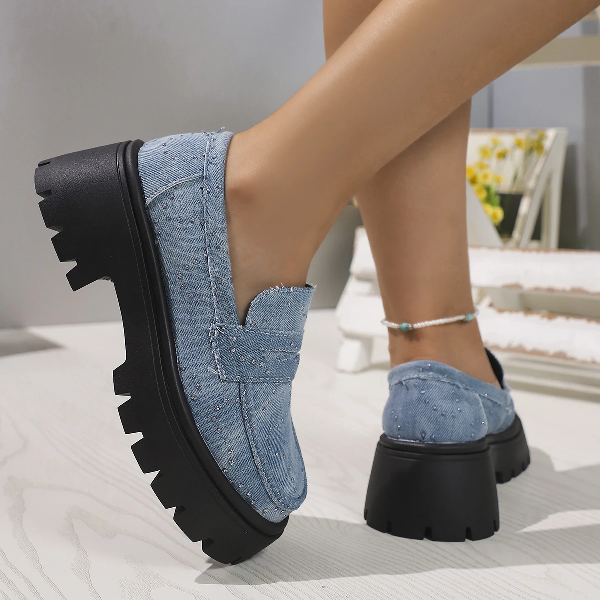 Rimocy 2024 New Women Chunky Heels Loafers Fashion Crystal Slip On Platform Shoes Woman Gothic Thick Bottom Shallow Denim Pumps