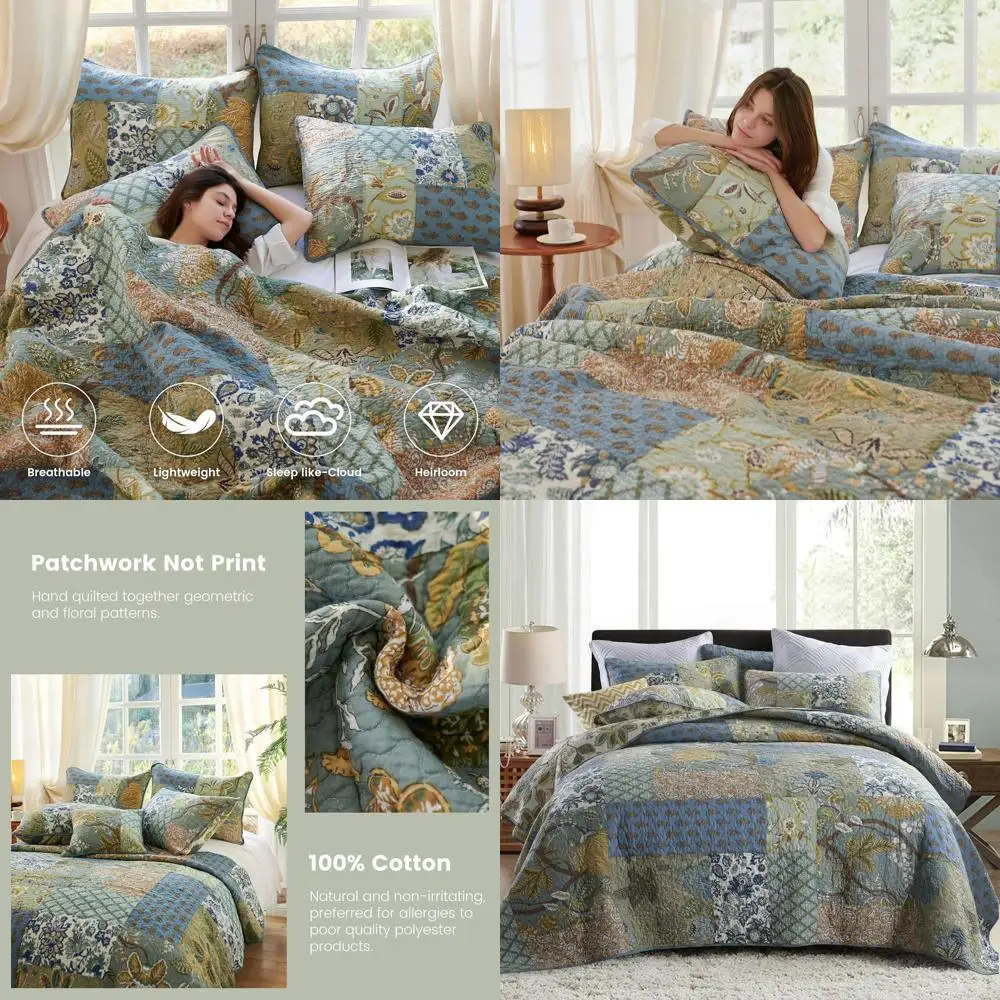 

Comorter Set King Size — комплект одеял King Size из 100% хлопка, зеленый, покрывала Sage (96 * 108 дюймов) с 2 подушками Shams, лоскутное шитье R