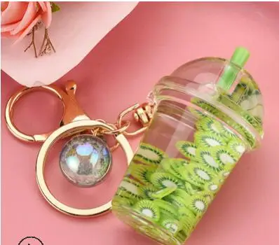 10pcs/lot Creative Simulation Fruit Floating Keychain Cute Watermelon Kiwi Liquid Milk Tea Bottle Keyring