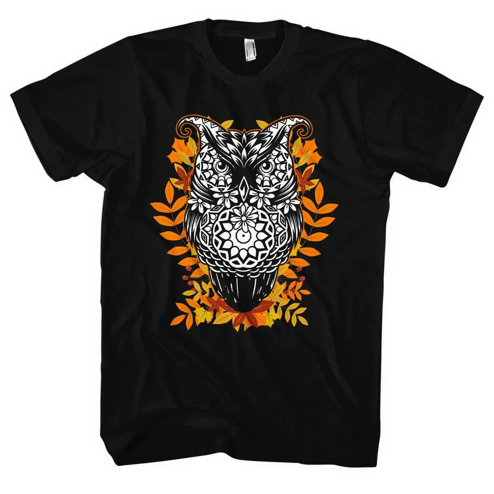 Night Owl Herren-T-Shirt, Eule, Wald, Herbst, Blätter, Vogel, Tiere, Natur, Vintage, gewaschen, stilvolles Oberteil für den Alltag